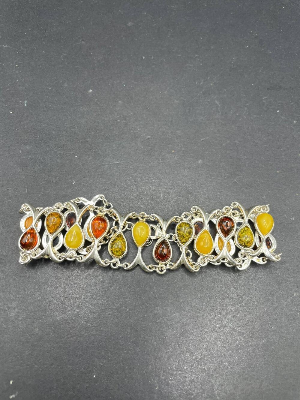 925 Sterling Silver Multi-Color Amber Teardrop Link Bracelet Vintage Style